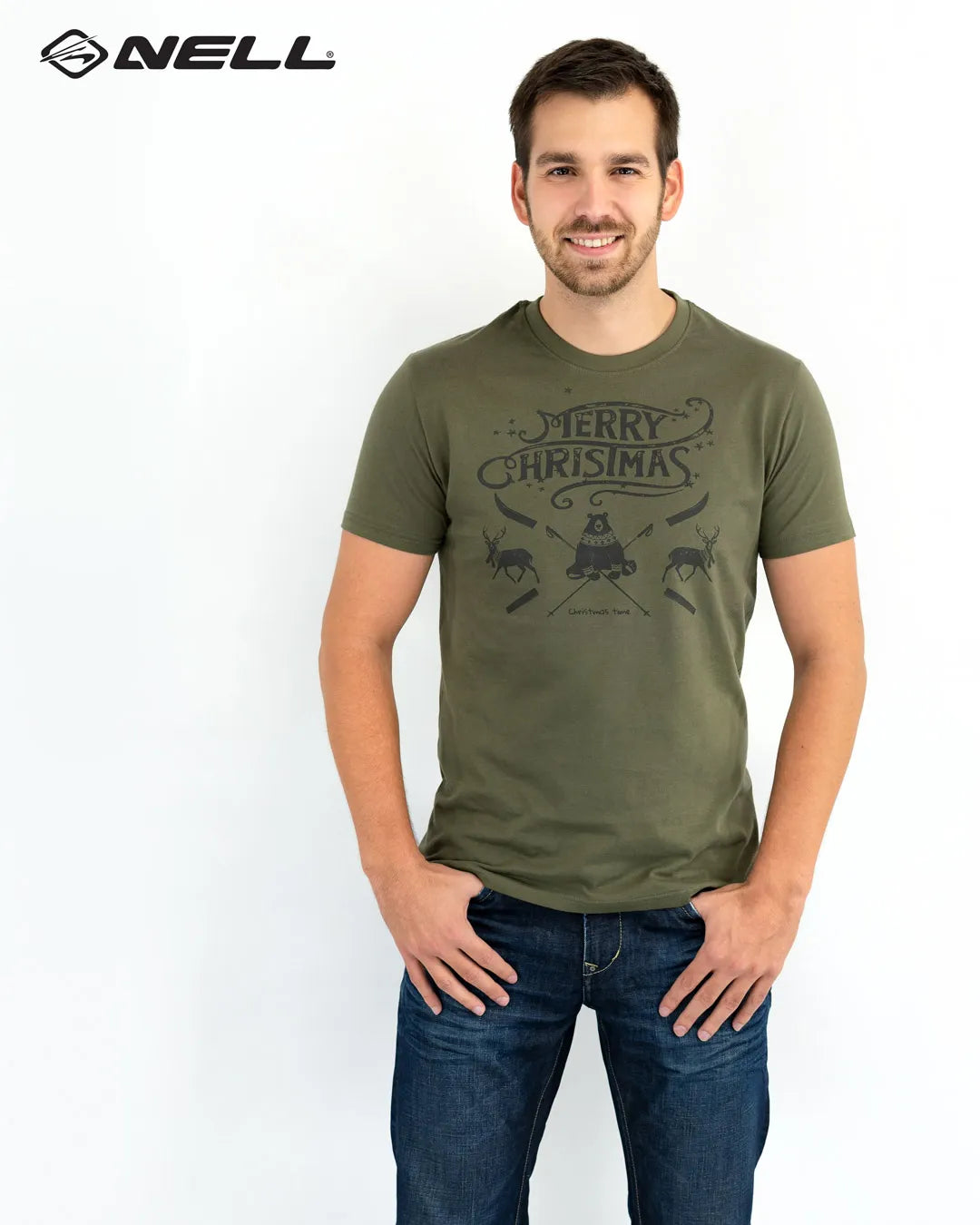 Olive Green Christmas T -péntek férfiak - pamut, M méret