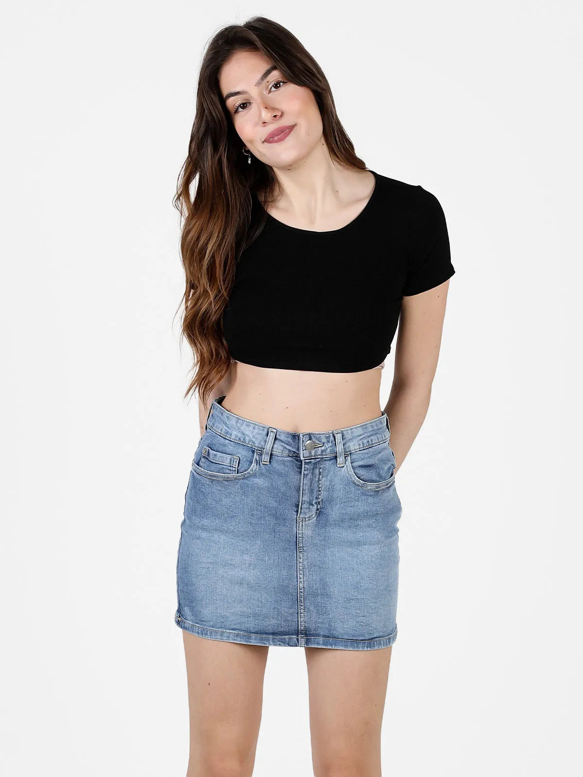 Saia de senhoras azuis claras Maura - elegante midi do algodão