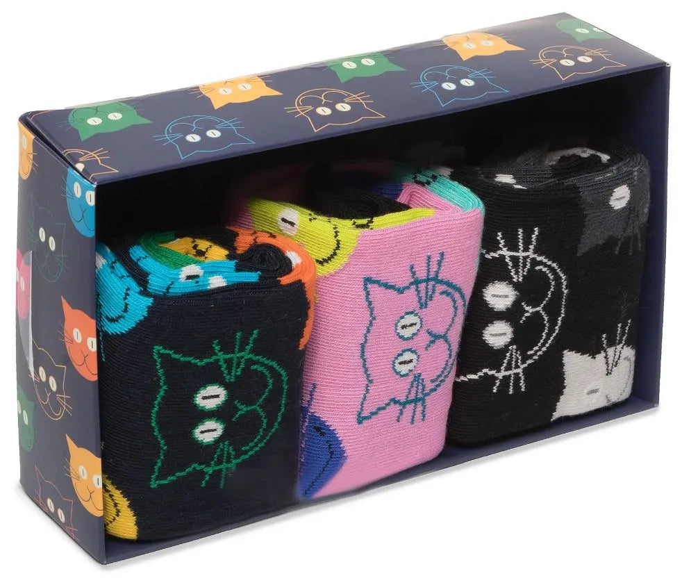Happy Socks 3er-Pack gemischte Katzensocken Geschenkset Mix 41-46