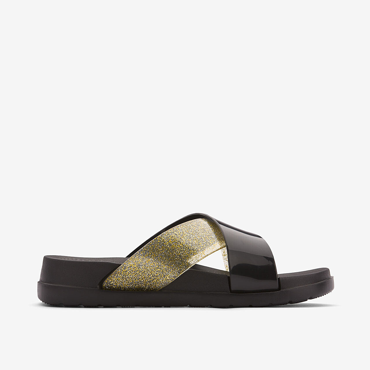 Slides femininos COQUI NELA Preto/Dourado glitter 37