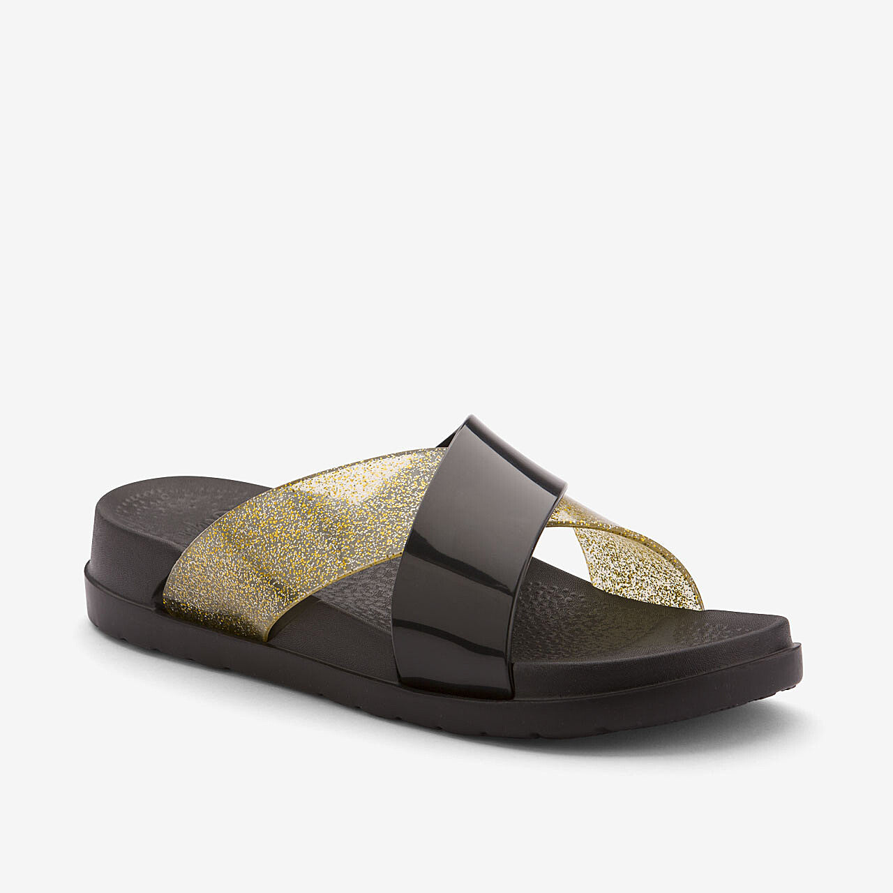 Slides femininos COQUI NELA Preto/Dourado glitter 37