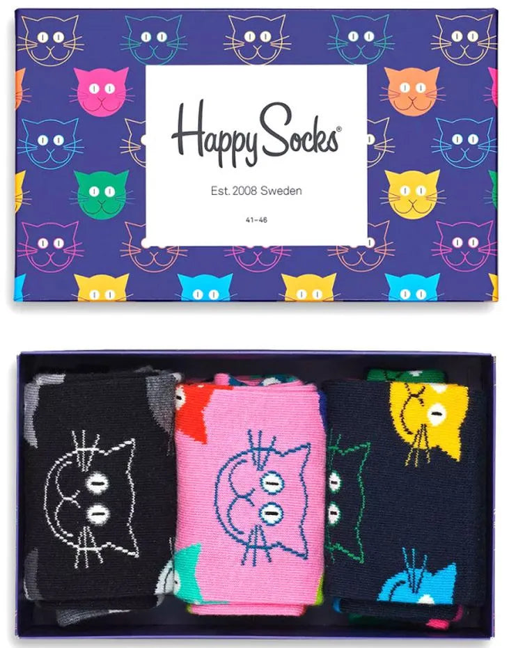 Happy Socks 3er-Pack gemischte Katzensocken Geschenkset Mix 41-46